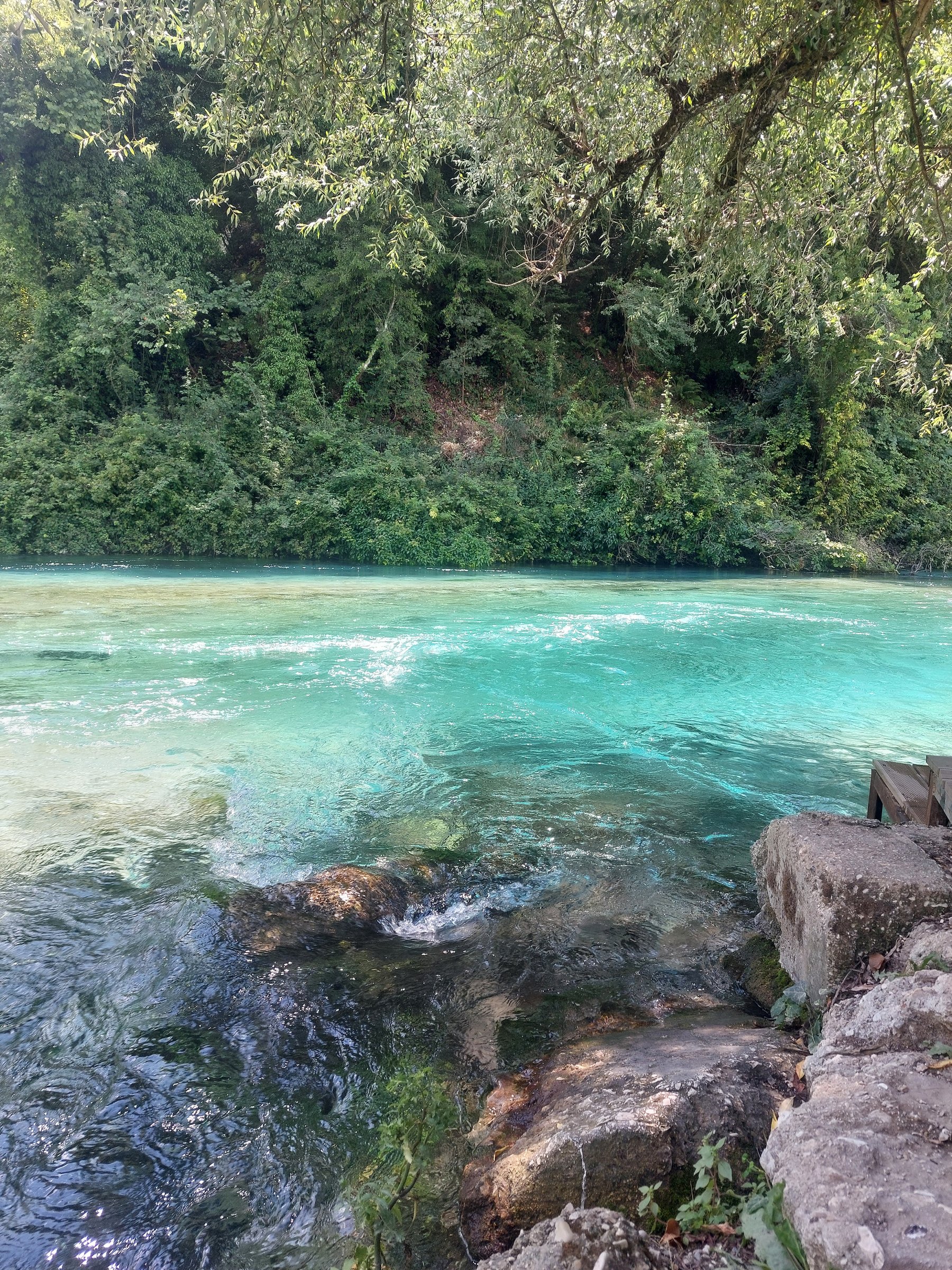 Türkisfarbenes Wasser am Blue Eye in Albanien