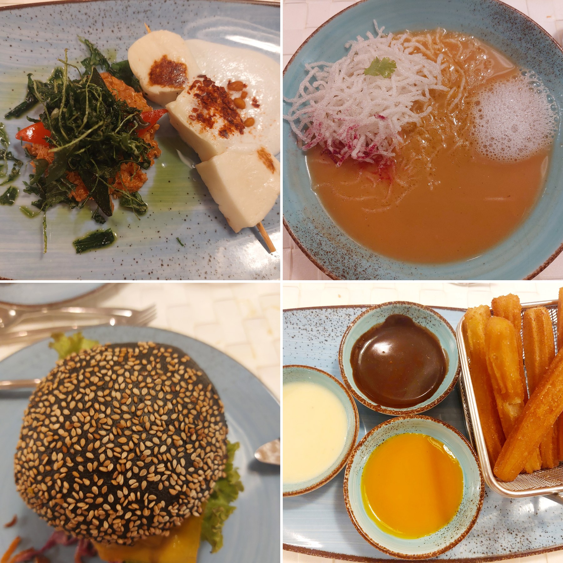 Vier Gerichte aus dem Beach House Restaurant: Tofu-Spieß mit Quinoa-Salat, Suppe mit knusprigen Nudeln, schwarzer Sesam-Burger und Churros mit drei Dip-Saucen