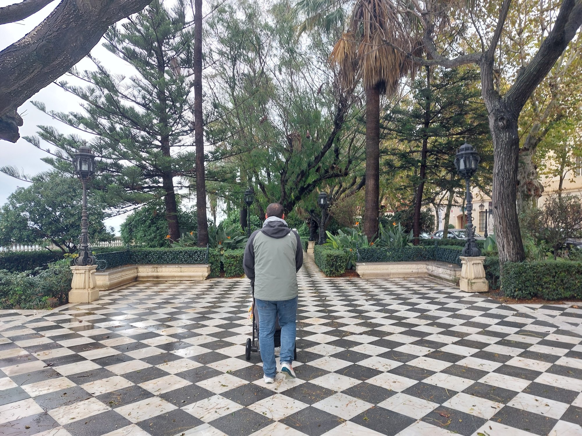 Park mit schwarz-weiß gefliestem Boden und alten Bäumen in Cádiz
