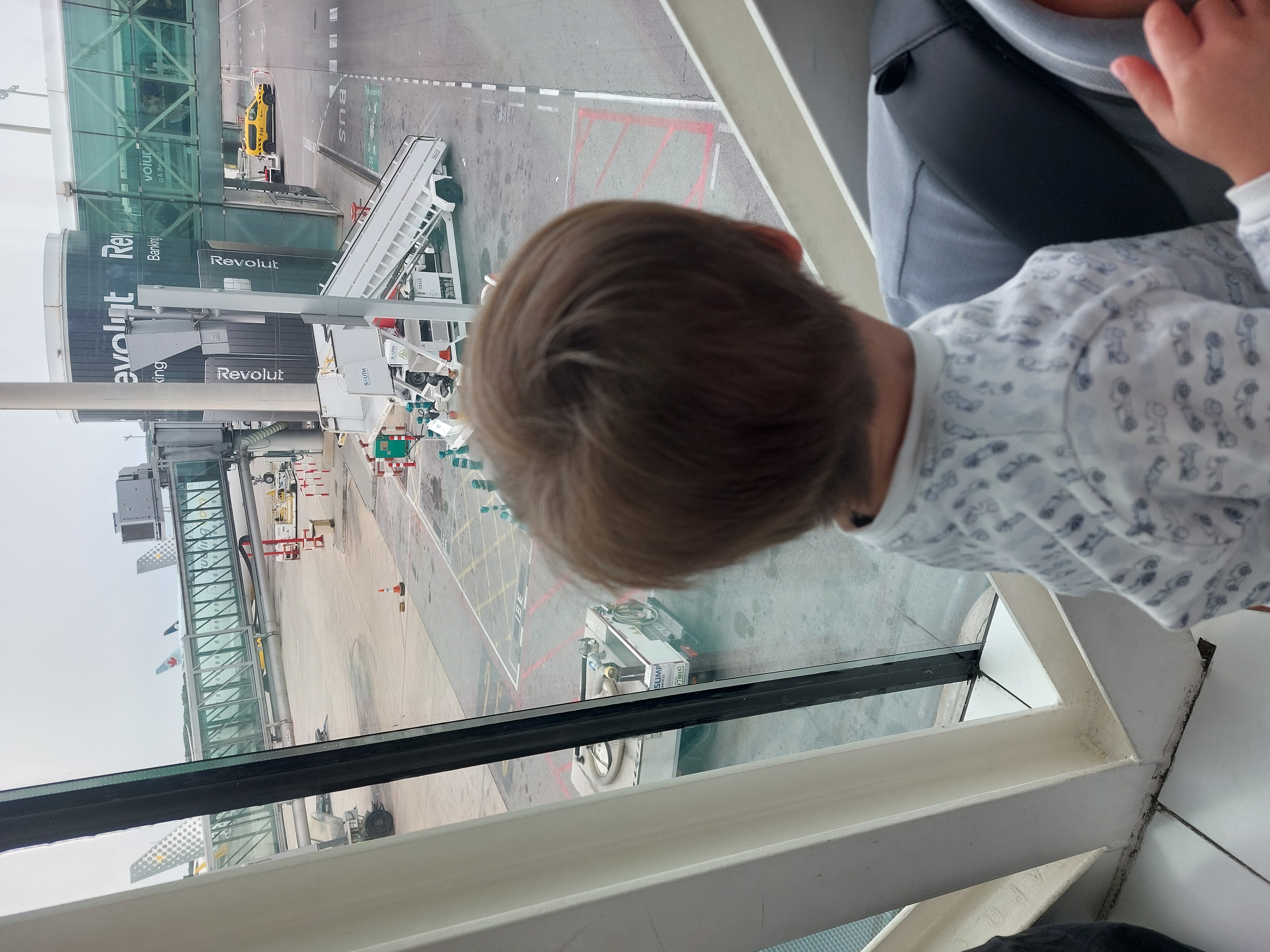 Lolo schaut am Gate auf die Flugzeuge auf dem Vorfeld