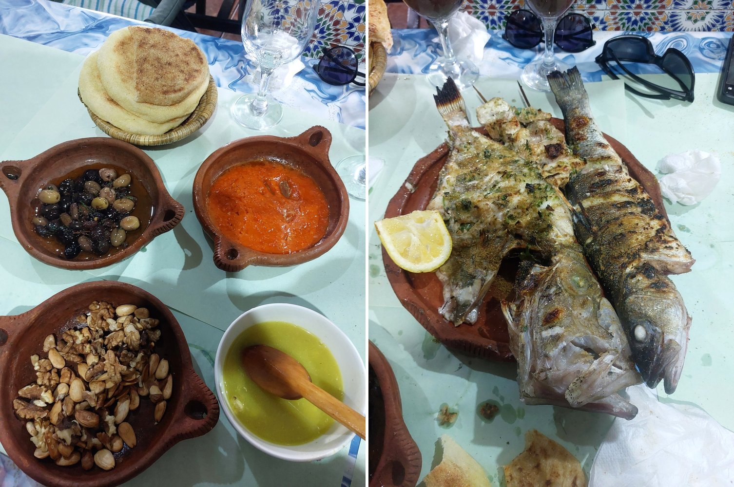 Vorspeisen und gegrillter Fisch im Restaurant Populaire Tanger