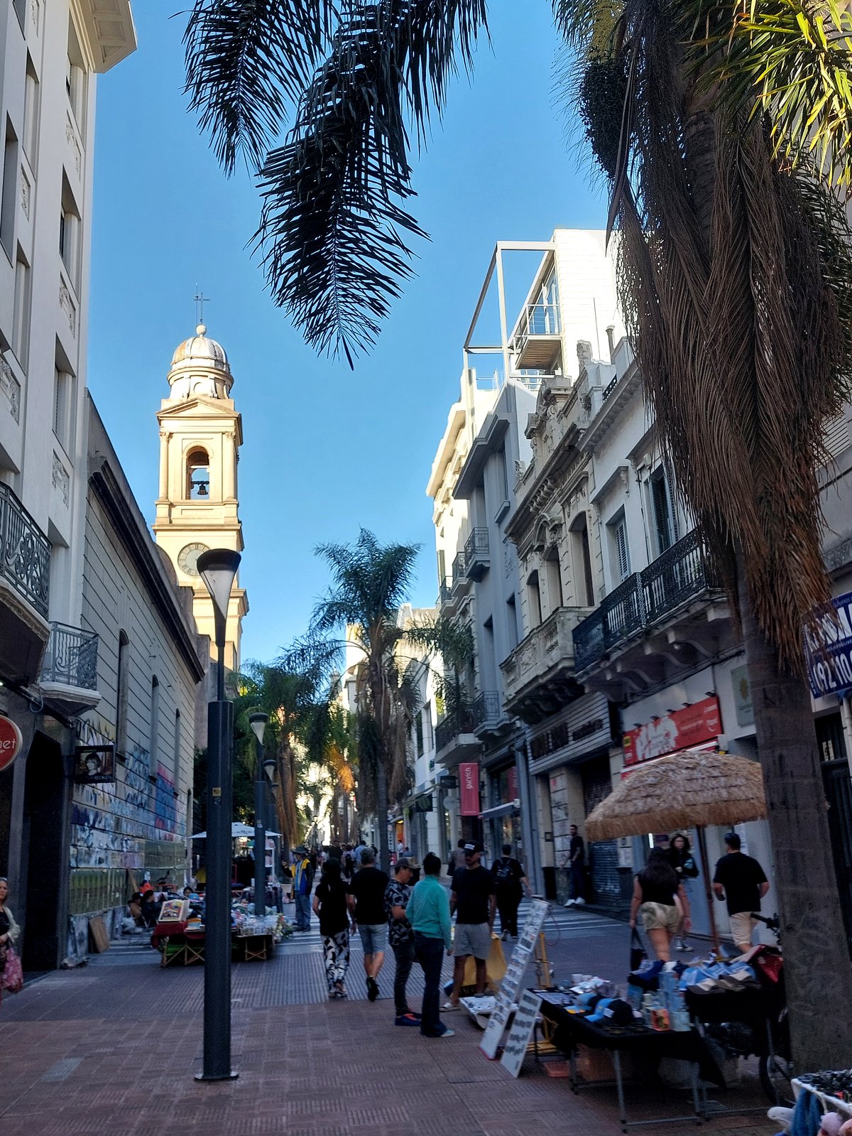 Montevideo Altstadt Fußgängerzone mit Kirchturm und Palmen
